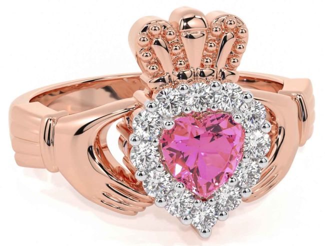 Diamond Pink Tourmaline Rose Gold Silver Claddagh Ring