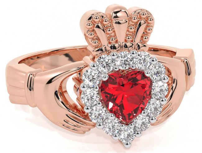 Diamond Ruby Rose Gold Silver Claddagh Ring