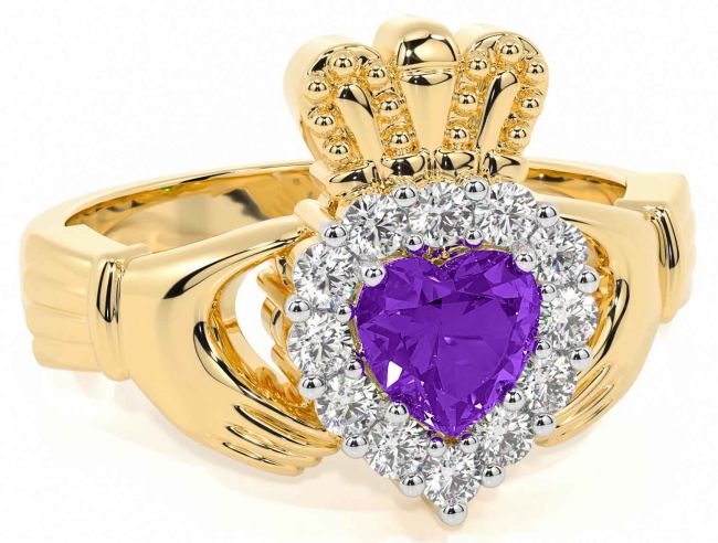 Diamond Amethyst Gold Silver Claddagh Ring