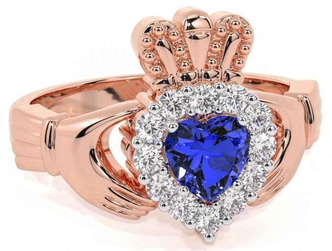 Diamond Sapphire Rose Gold Claddagh Ring