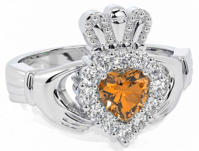 Diamond Citrine Silver Claddagh Ring