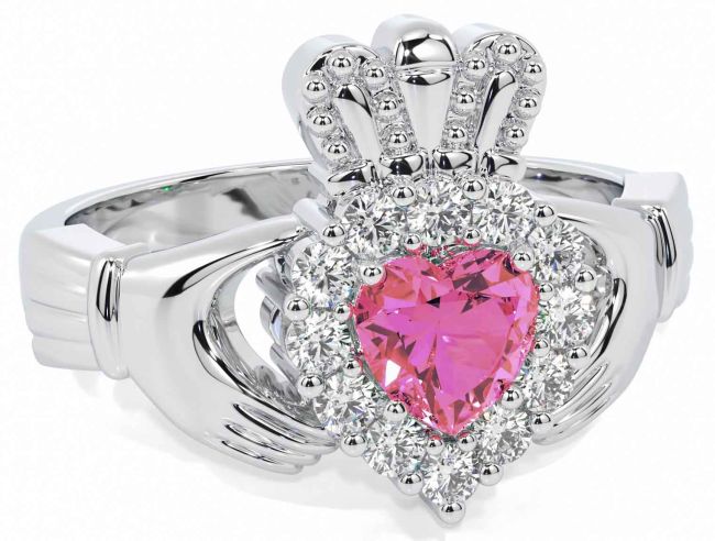 Diamond Pink Tourmaline Silver Claddagh Ring