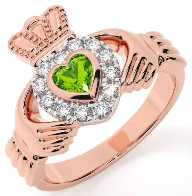 Diamond Peridot Rose Gold Silver Claddagh Ring