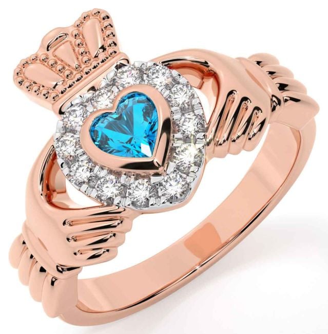 Diamond Topaz Rose Gold Silver Claddagh Ring