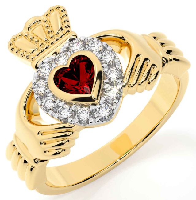 Diamond Garnet Gold Silver Claddagh Ring