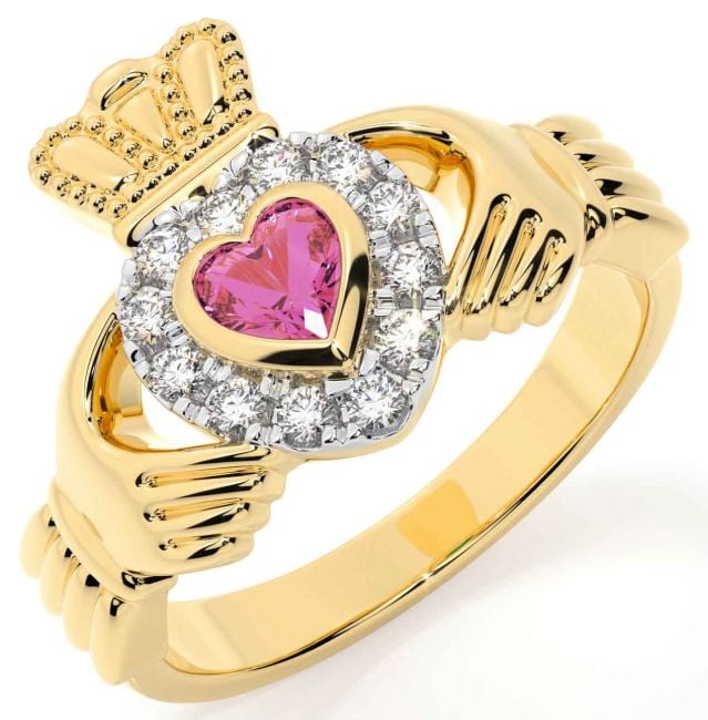 Diamond Pink Tourmaline Gold Silver Claddagh Ring