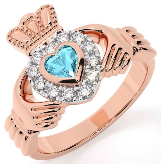 Diamond Aquamarine Rose Gold Claddagh Ring