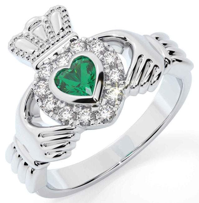 Diamond Emerald Silver Claddagh Ring