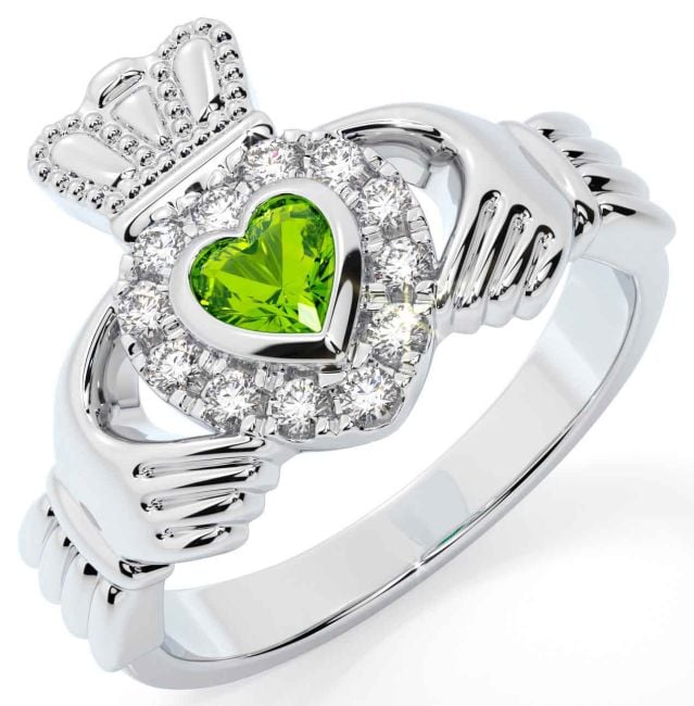 Diamond Peridot White Gold Claddagh Ring