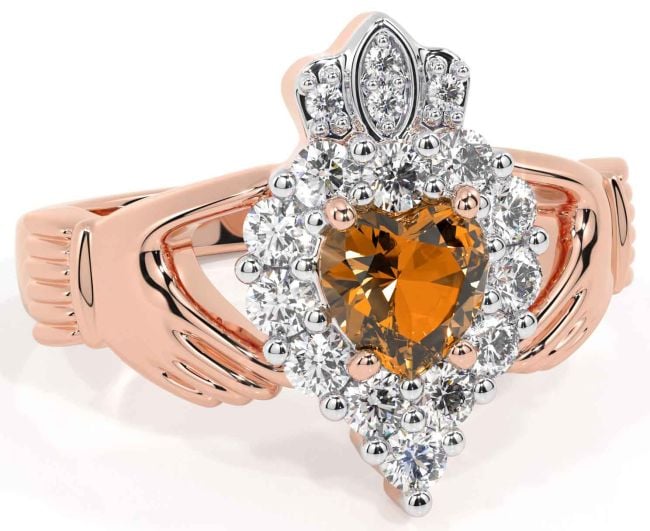 Diamond Citrine Rose Gold Silver Claddagh Ring