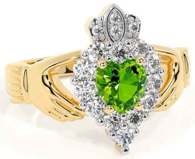 Diamond Peridot Gold Silver Claddagh Ring