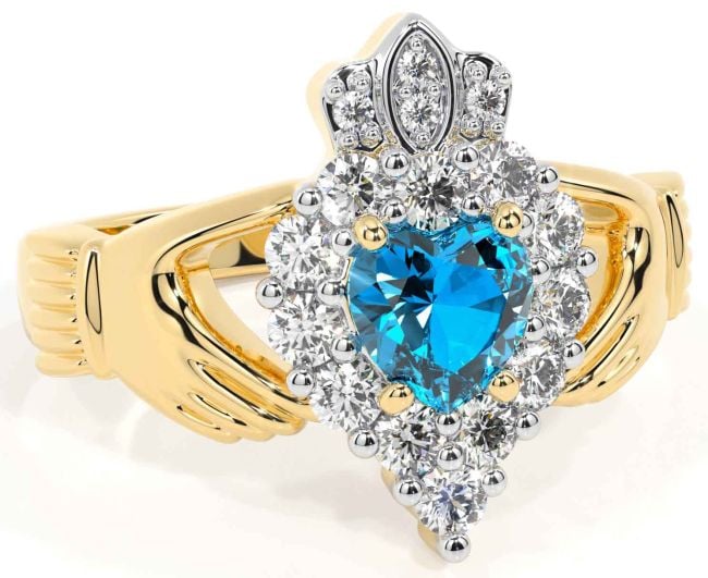 Diamond Topaz Gold Silver Claddagh Ring