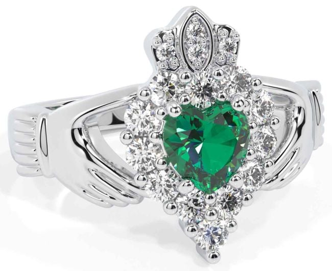 Diamond Emerald Silver Claddagh Ring