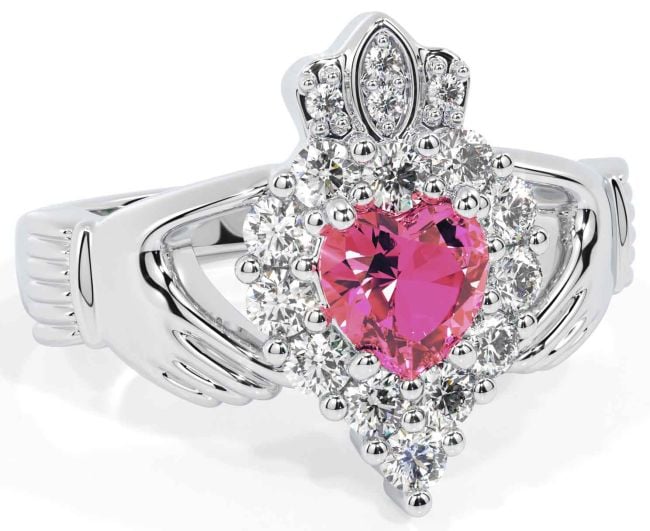 Diamond Pink Tourmaline Silver Claddagh Ring