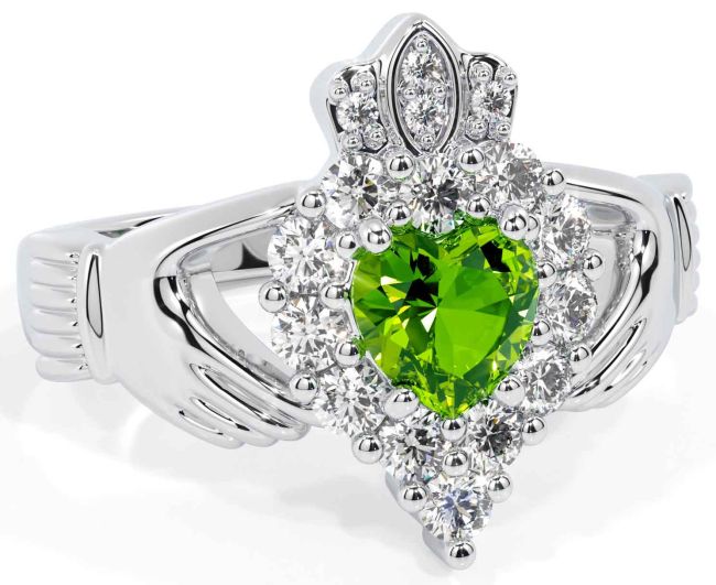 Diamond Peridot White Gold Claddagh Ring