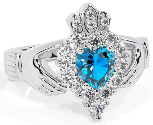 Diament Topaz Białe Złoto Claddagh Pierścień