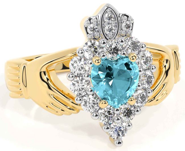 Diamond Aquamarine Gold Claddagh Ring