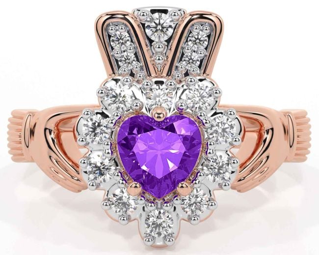 Diamond Amethyst Rose Gold Silver Claddagh Ring