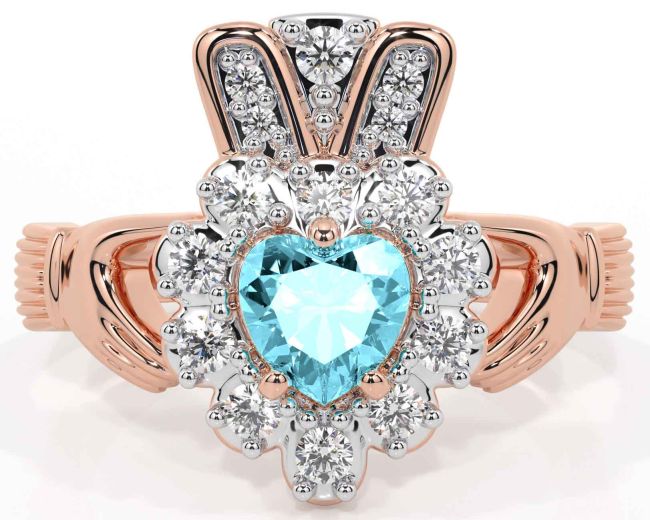 Diamond Aquamarine Rose Gold Silver Claddagh Ring