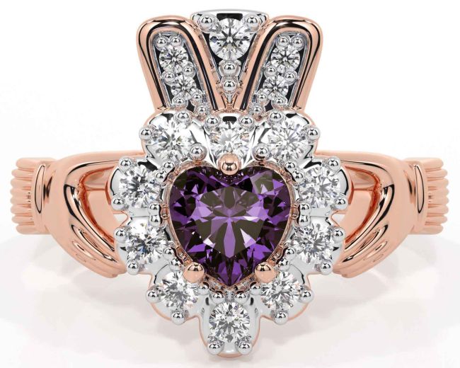 Diamond Alexandrite Rose Gold Silver Claddagh Ring