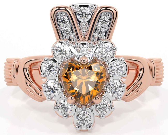 Diamond Citrine Rose Gold Silver Claddagh Ring