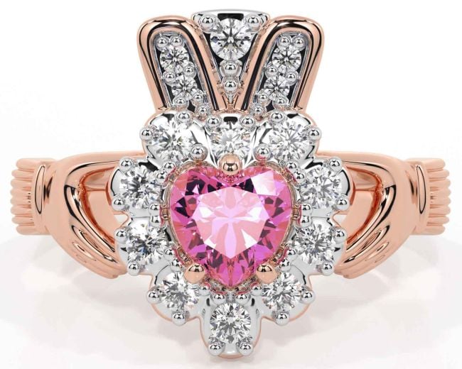 Diamond Pink Tourmaline Rose Gold Silver Claddagh Ring