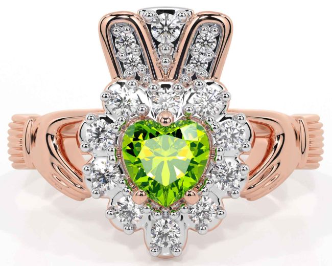 Diamond Peridot Rose Gold Silver Claddagh Ring