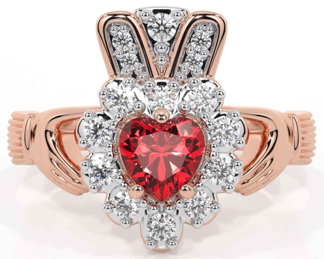 Diamond Ruby Rose Gold Silver Claddagh Ring