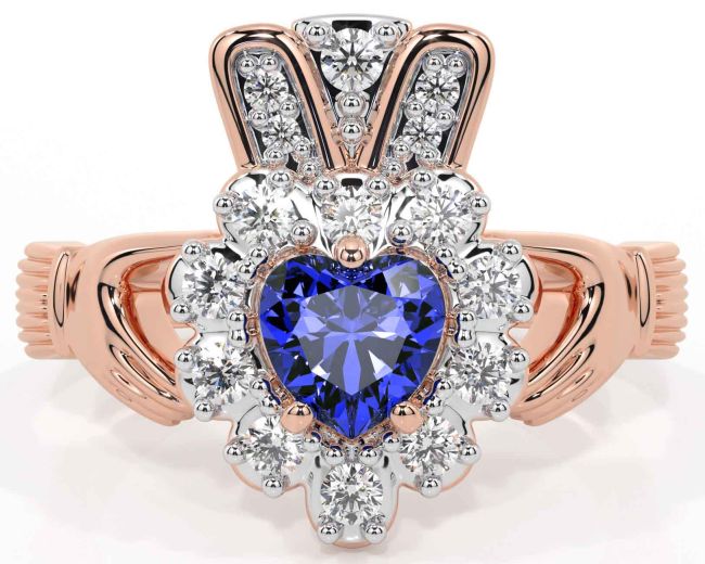 Diamond Sapphire Rose Gold Silver Claddagh Ring