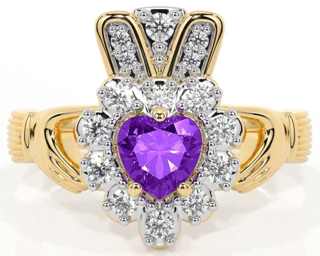 Diamond Amethyst Gold Silver Claddagh Ring