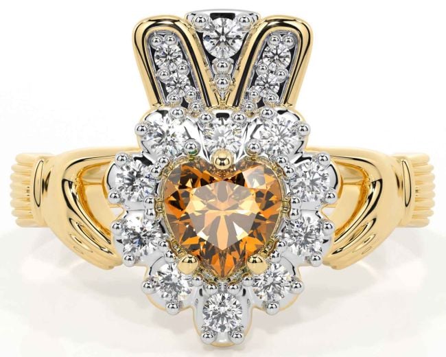 Diamond Citrine Gold Silver Claddagh Ring