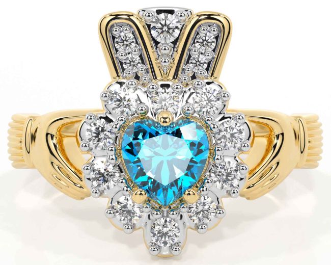 Diamond Topaz Gold Silver Claddagh Ring