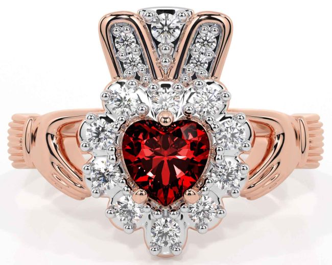 Diamond Garnet Rose Gold Claddagh Ring