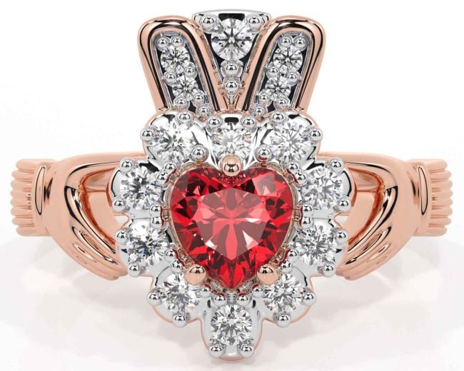 Diamond Ruby Rose Gold Claddagh Ring