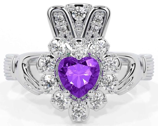 Diamond Amethyst Silver Claddagh Ring