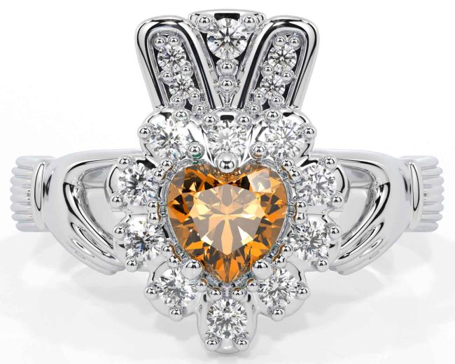 Diamond Citrine Silver Claddagh Ring