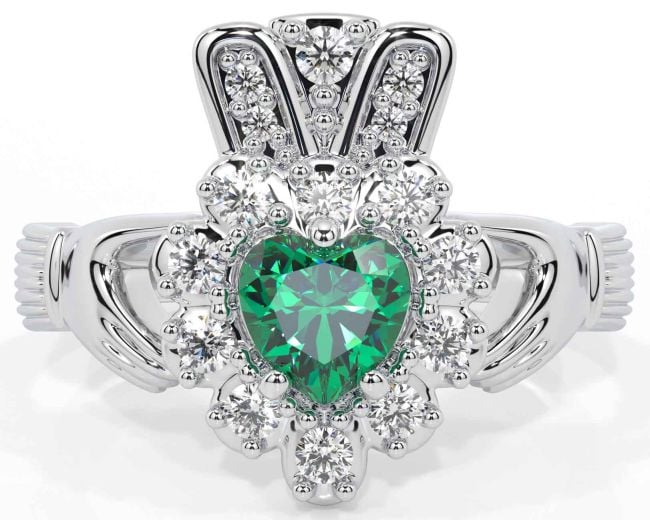 Diamond Emerald Silver Claddagh Ring