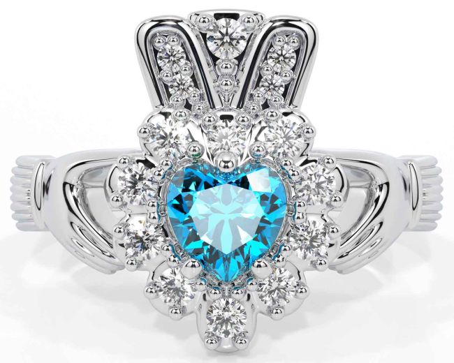 Diamond Topaz Silver Claddagh Ring