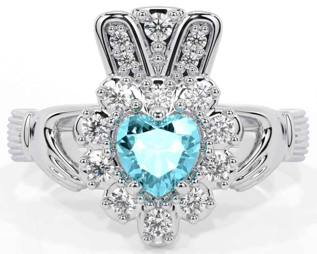 Diamond Aquamarine White Gold Claddagh Ring