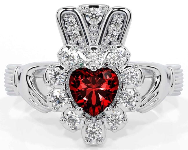 Diamond Garnet White Gold Claddagh Ring