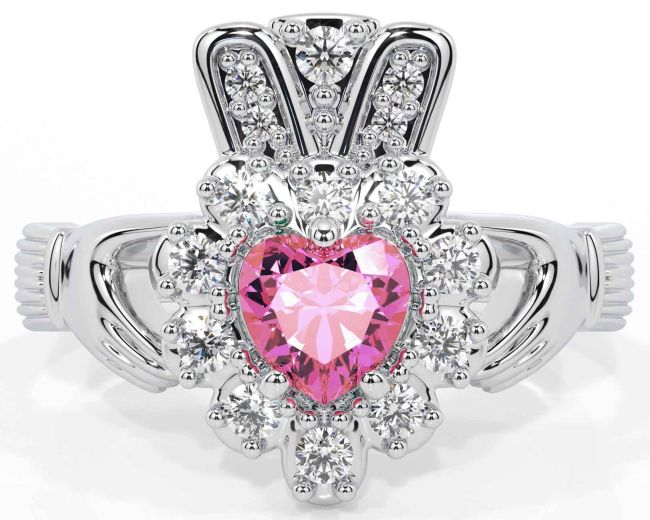 Diamond Pink Tourmaline White Gold Claddagh Ring