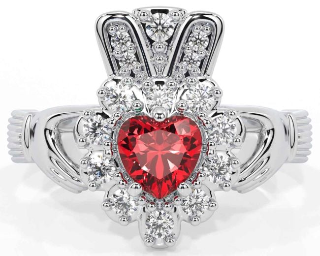 Diamond Ruby White Gold Claddagh Ring