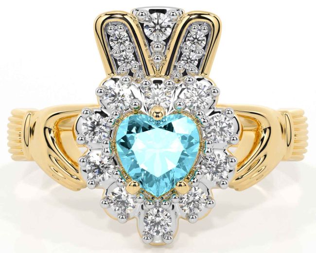 Diamond Aquamarine Gold Claddagh Ring