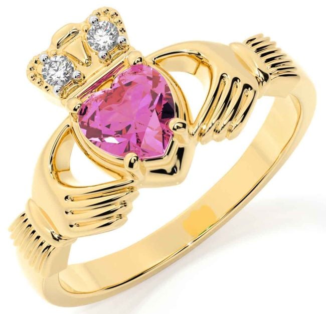 Diamond Pink Tourmaline Gold Silver Claddagh Ring