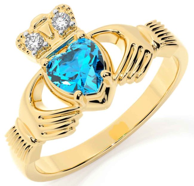 Diamond Topaz Gold Silver Claddagh Ring