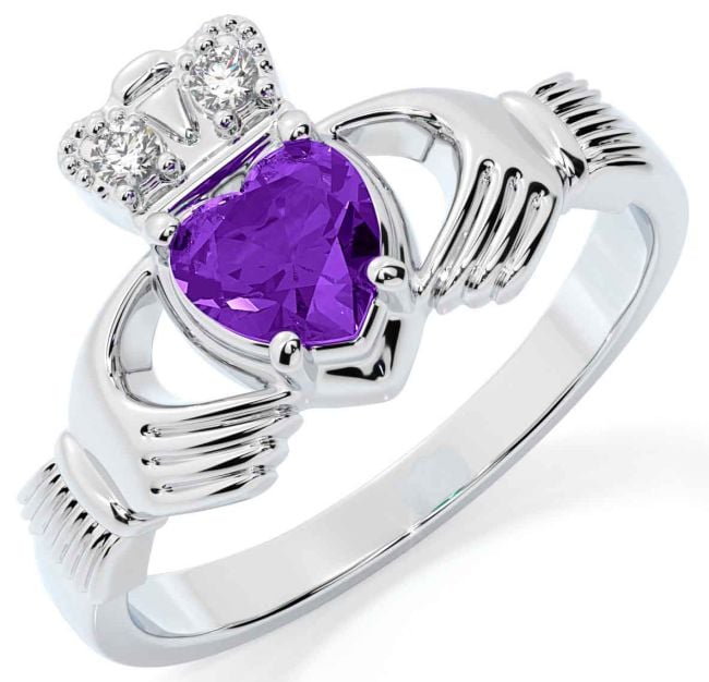 Diamond Amethyst Silver Claddagh Ring