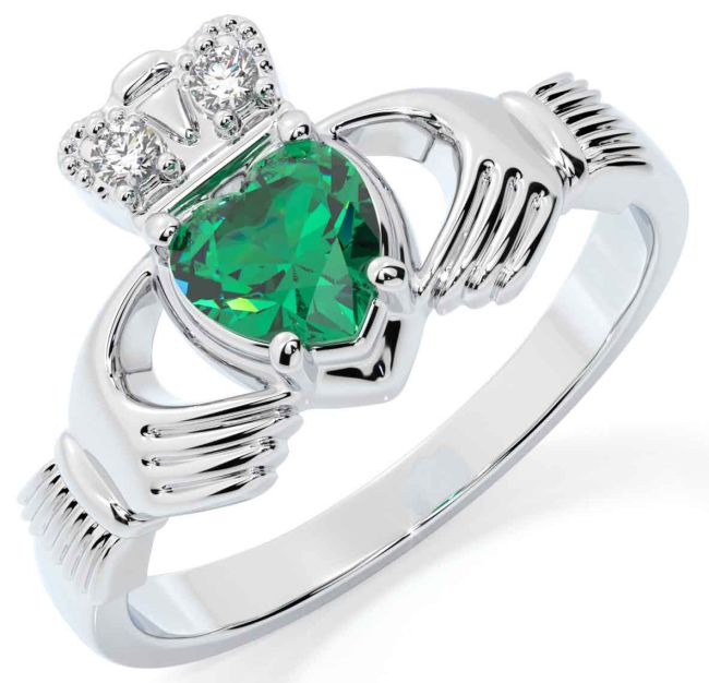 Diamond Emerald Silver Claddagh Ring