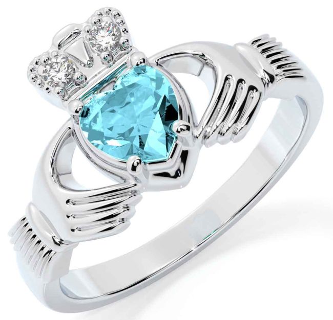 Diamond Aquamarine White Gold Claddagh Ring