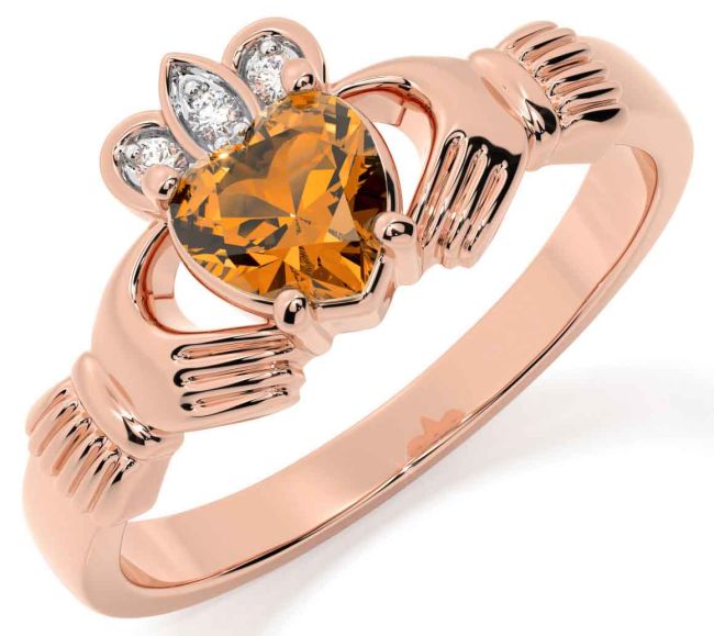 Diamond Citrine Rose Gold Silver Claddagh Ring