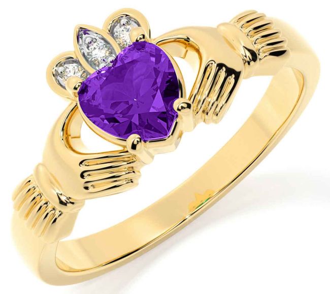 Diamond Amethyst Gold Silver Claddagh Ring